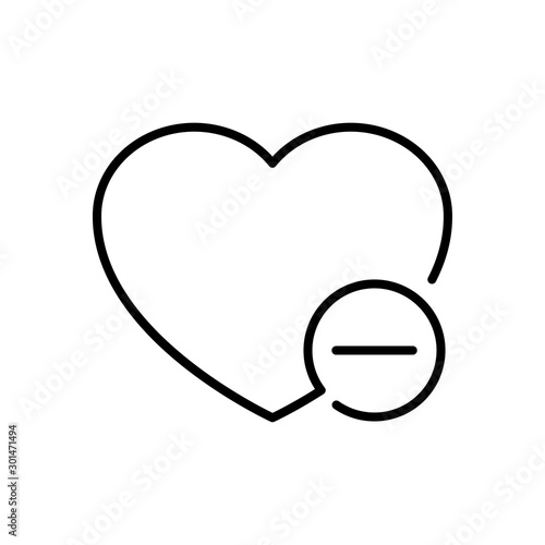 Icono lineal quitar favorito con corazón y símbolo menos en círculo color negro