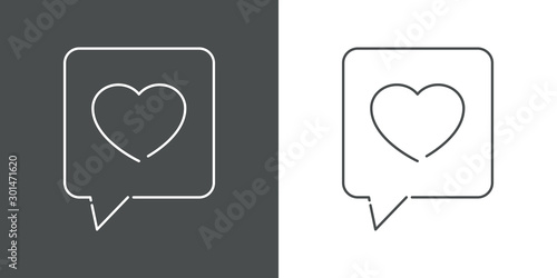 Icono lineal mensaje con corazón en burbuja habla forma cuadrada en gris y blanco
