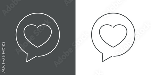 Icono lineal mensaje con corazón en burbuja habla forma redonda en gris y blanco