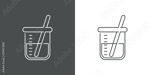 Símbolo laboratorio de química con icono lineal de frasco de cristal en fondo gris y fondo blanco