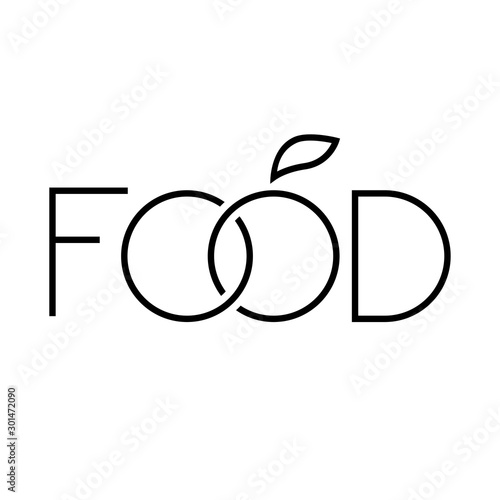 Concepto comida natural. Vegano. Logotipo lineal con palabra food con letra o como manzana en color negro