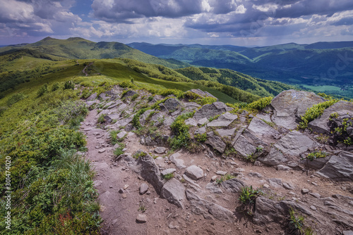 Hiking trail from Smerek Peak in Bieszczady National Park, Poland photo