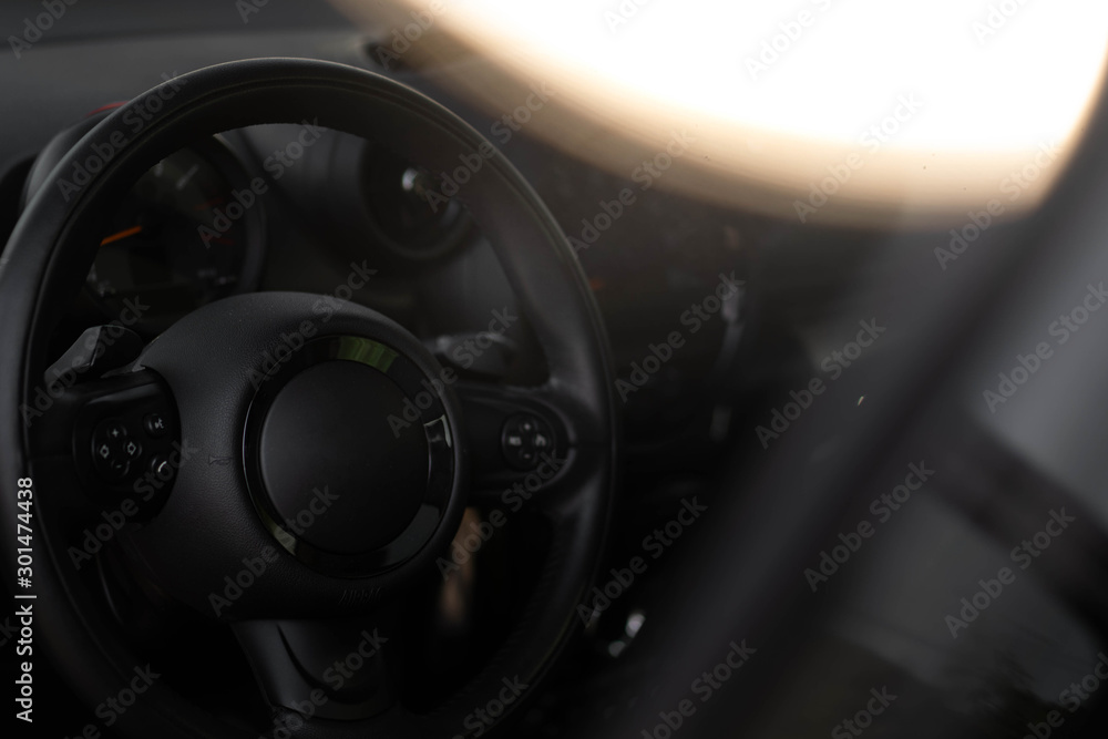 Mini car interior steering wheel  inside buttons cockpit