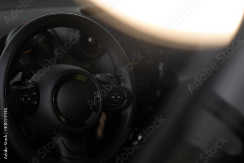Mini car interior steering wheel inside buttons cockpit