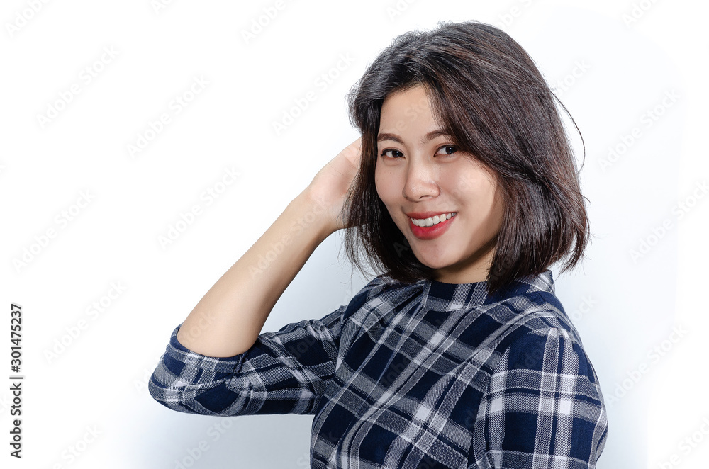 Business woman with folded hands looking to side. isolated female portrait. Business woman with folded hands looking to side. isolated female portrait.