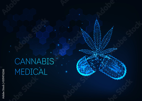 Futuristic medical cannabis treatment concept with glowing low poly marijuana leaf and capsule pill