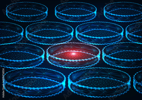 Futuristic medicine research concept with glowing low polygonal laboratory Petri dishes on dark blue background.