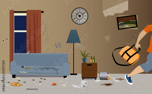 Young male tenants moving out of apartment, leaving it dirty and messy, EPS 8 vector illustration