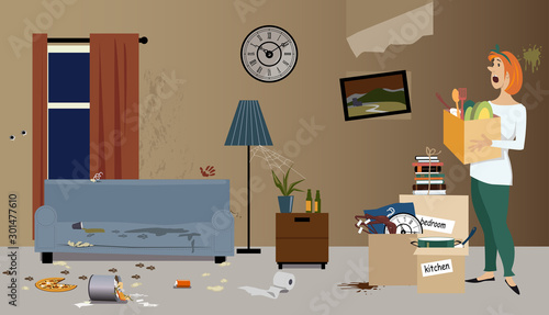 Young woman moving into a rental apartment, finding it dirty, EPS 8 vector illustration