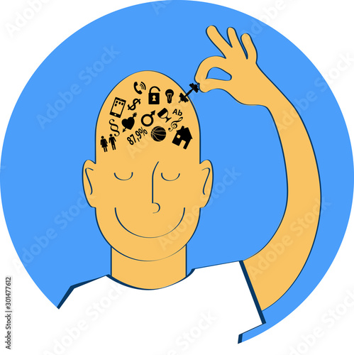 Man taking out of his brain symbols of his worries, decluttering his mind, EPS 8 vector illustration