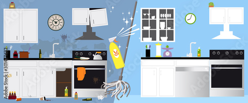 Kitchen interior before and after deep cleaning, EPS 8 vector illustration