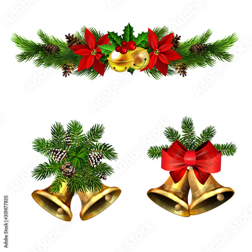 Christmas decorations with fir tree golden jingle bells