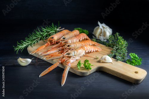 Fresh scampi, also called Norway Lobster or langoustine on a kitchen board, also garlic and herbs, ingredients for an festive seafood meal on a dark gray wooden background photo