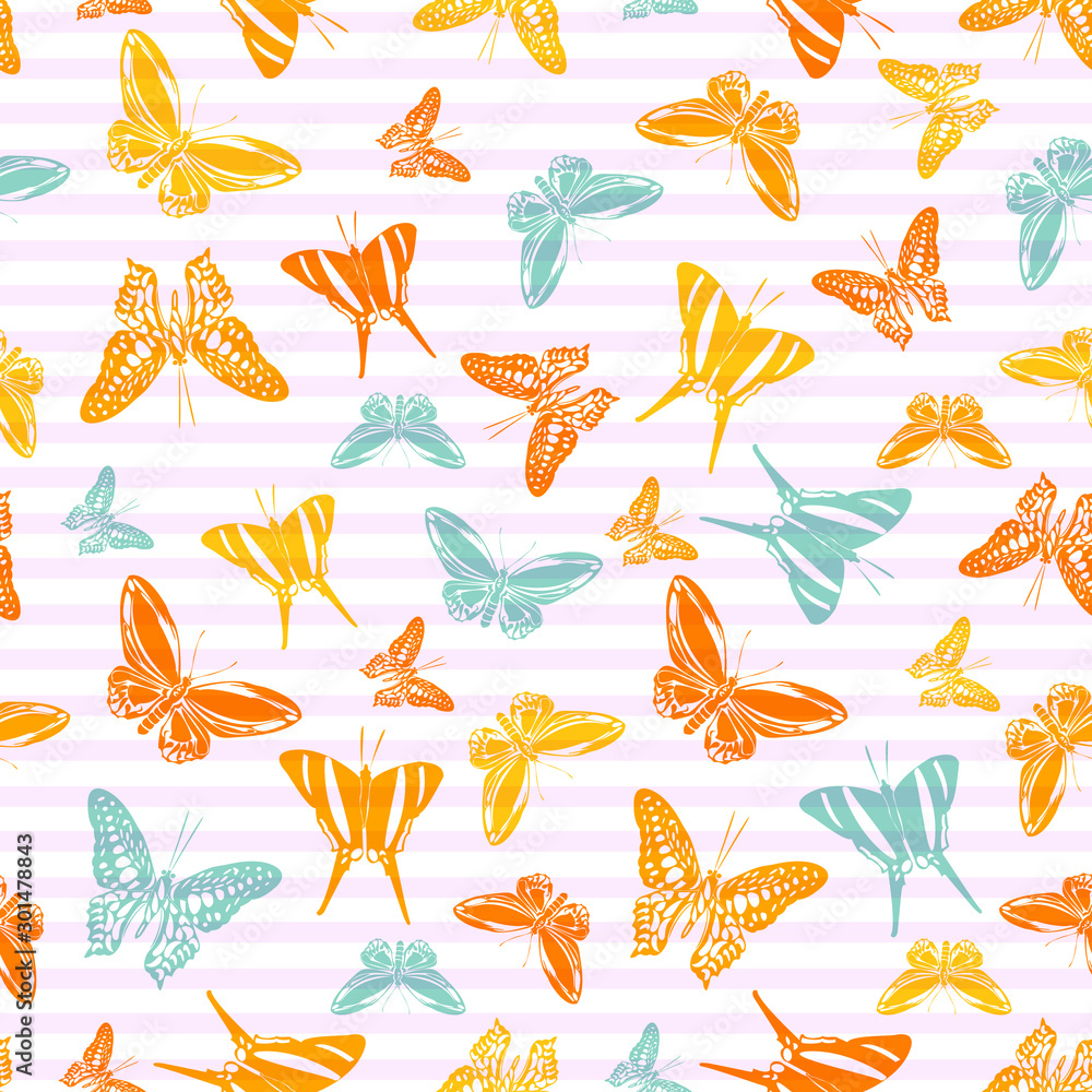 Flying butterfly silhouettes over striped background vector seamless pattern. Flying butterfly silhouettes over striped background vector seamless pattern.