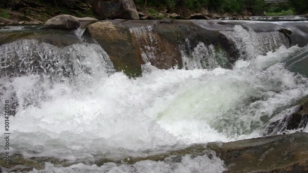Whitewater river rapids. Large rocks. Closeup panning shot. Europe, Ukraine, Carpathian Mountains Whitewater river rapids. Large rocks. Closeup panning shot. Europe, Ukraine, Carpathian Mountains