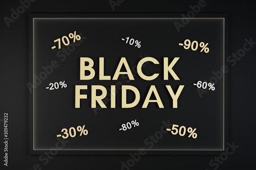Black friday sale promotional banner on black background and gold sign. Black friday sale concept. Sales and discounts concept.