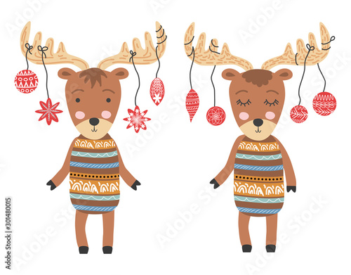 Funny moose with Christmas balls, hand drawn illustration.