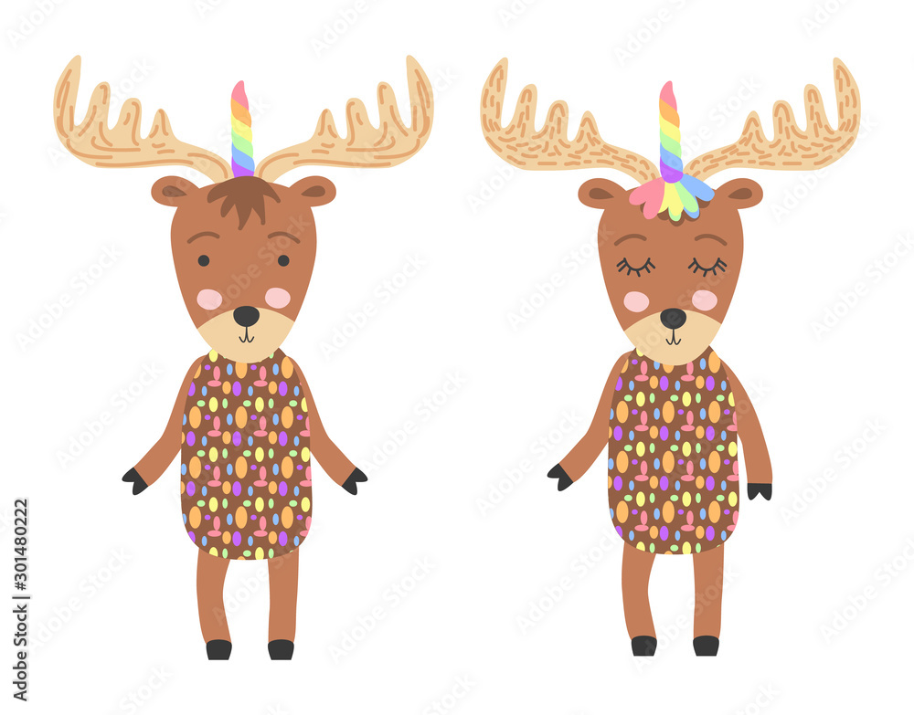 Hand drawnillustration of a cute funny moose with a unicorn horn. Scandinavian style flat design. Concept for children print. Hand drawnillustration of a cute funny moose with a unicorn horn. Scandinavian style flat design. Concept for children print.