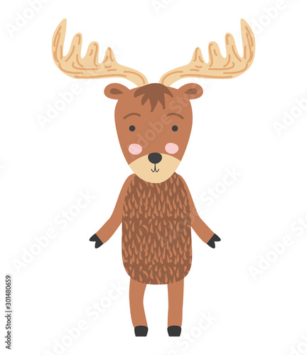 Cute moose flat hand drawn illustration. Forest fauna. Zoo mammal. Elk clipart.