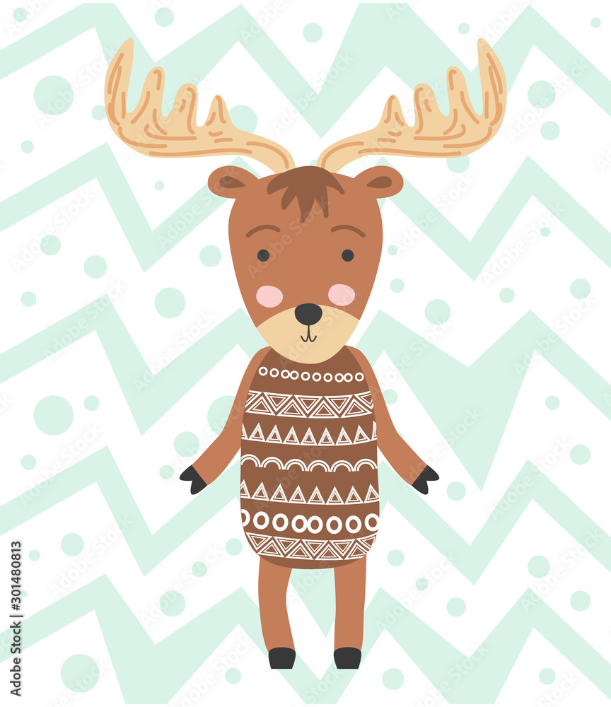 Naklejka premium Cute moose flat hand drawn illustration. Forest fauna. Zoo mammal. Elk clipart.