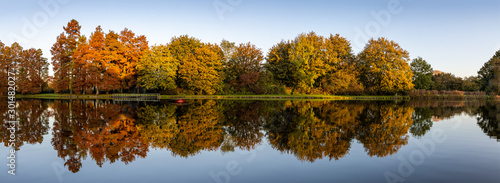 Panorama of autumn trees at the waterside. Public park Vroesenpark in Rotterdam, Netherlands. Trees showing their autumn colors