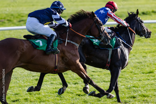 Two race horses and jockeys battling for the winning position