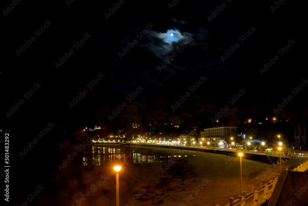 Moonlight over the Trestraou beach of Perros-Guirec in Brittany France