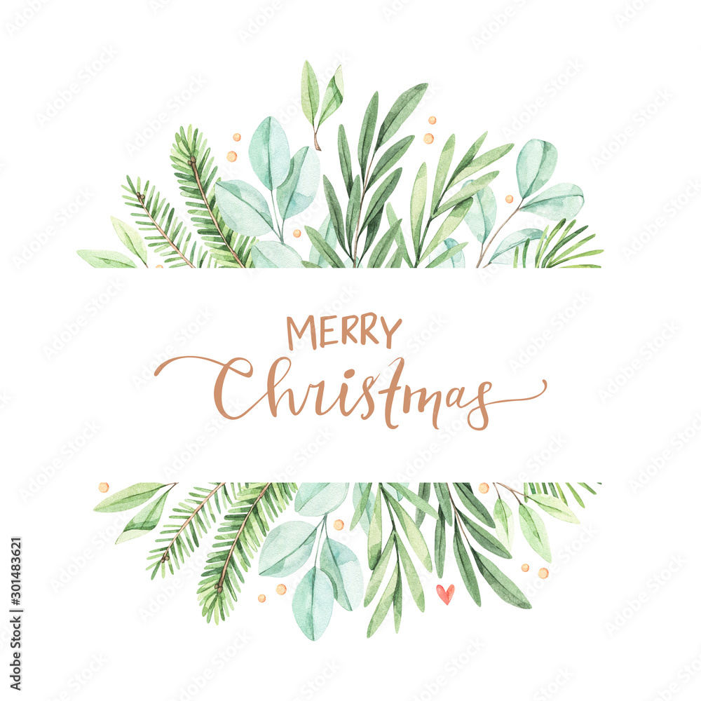 Christmas frame with eucalyptus, fir branch and holly - Watercolor illustration. Happy new year. Winter background with greenery elements. Perfect for cards, invitations, banners, posters etc - obrazy, fototapety, plakaty 