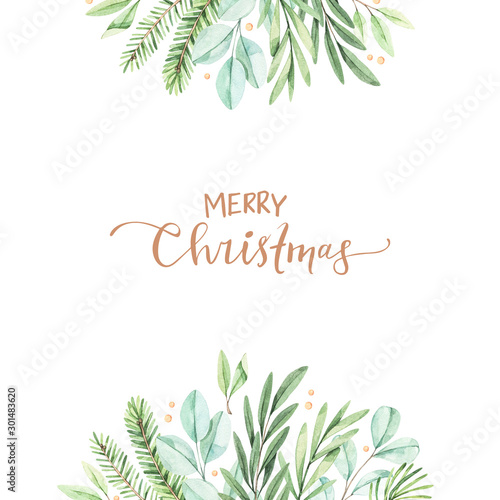 Christmas frame with eucalyptus, fir branch and holly - Watercolor illustration. Happy new year. Winter background with greenery elements. Perfect for cards, invitations, banners, posters etc
