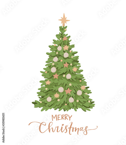 Vector illustration with christmas tree and decorations. Happy new year. Winter pre made card with lettering. Noel. Holly Jolly. Holiday postcard. Perfect for cards, invitations, banners, posters