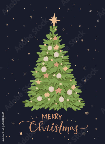 Vector illustration with christmas tree and decorations. Happy new year. Winter pre made card with lettering. Noel. Holly Jolly. Holiday postcard. Perfect for cards, invitations, banners, posters