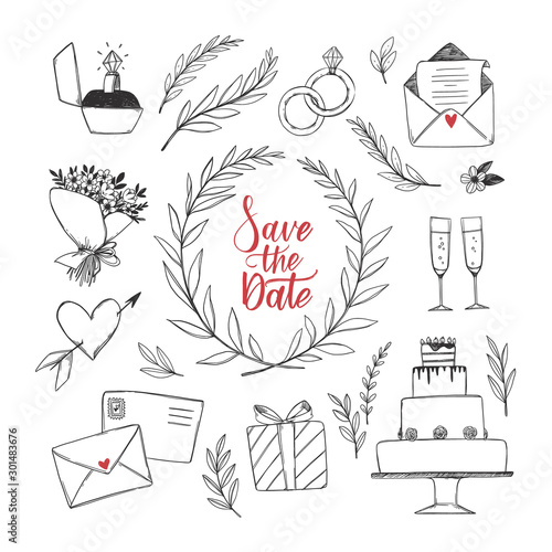 Vector hand drawn illustration with wedding decorations. Bridal design elements. Sketches of floral branches, wedding cake, bouquet, letter, engagement ring. Perfect for greeting cards and invitations