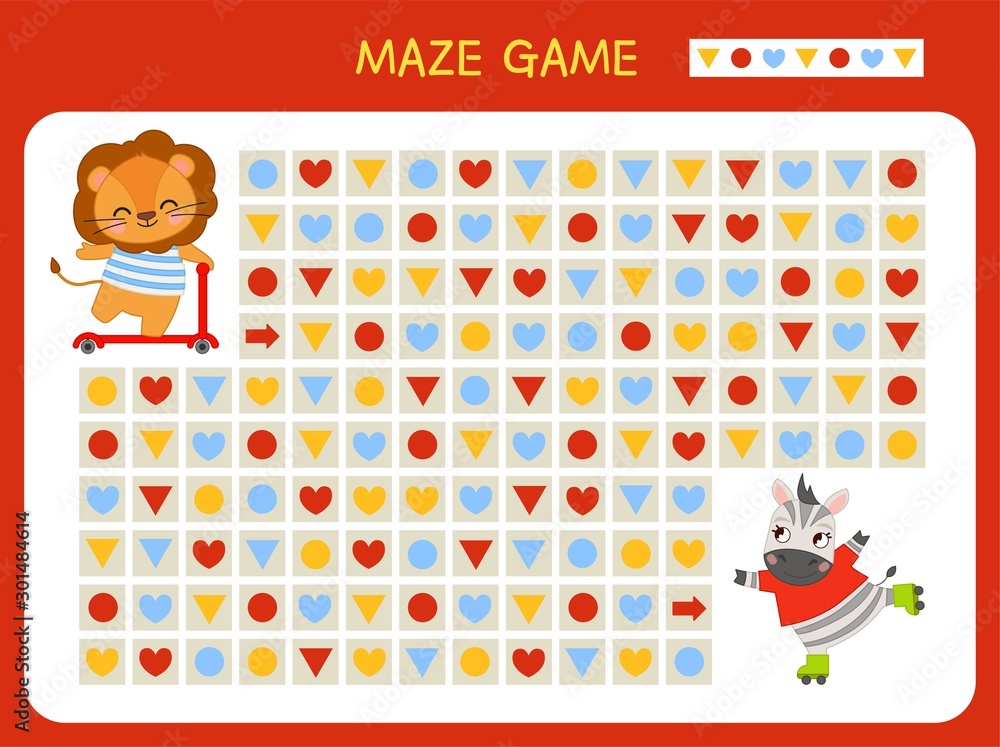 Fototapeta premium Maze game for children. Find the correct path by the pattern. Cartoon cute animals.