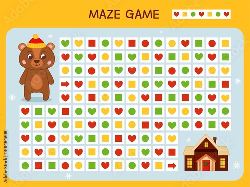 Maze game for children. Find the correct path by the pattern. Cartoon cute bear.