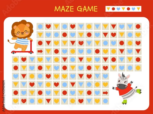 Maze game for children. Find the correct path by the pattern. Cartoon cute animals.