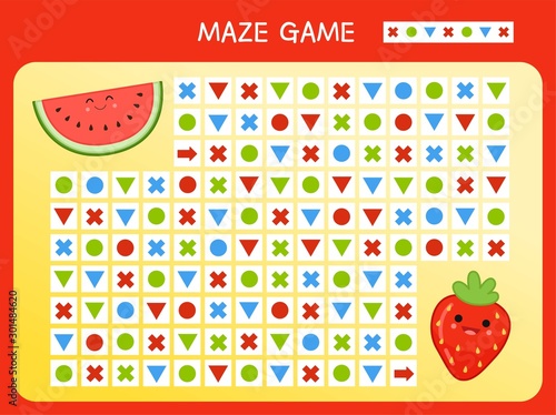 Maze game for children. Find the correct path by the pattern. Cartoon cute fruits.