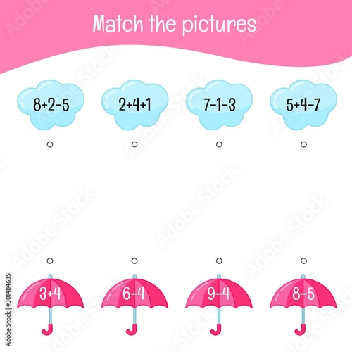 Matching children educational game. Activity for pre sсhool years kids and toddlers. Match clouds and umbrellas.