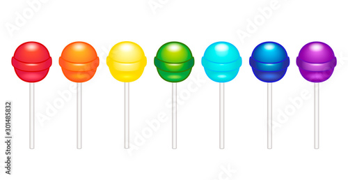 Lollipops, caramel on a stick. A set of bright shiny lollipops of all colors of the rainbow: red, orange, yellow, green, turquoise, blue and purple. Colorful candies - sweet rainbow - vector