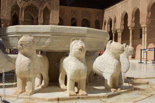 Fountain of the Lions in the Nasrid palaces of the Alhambra in Granada