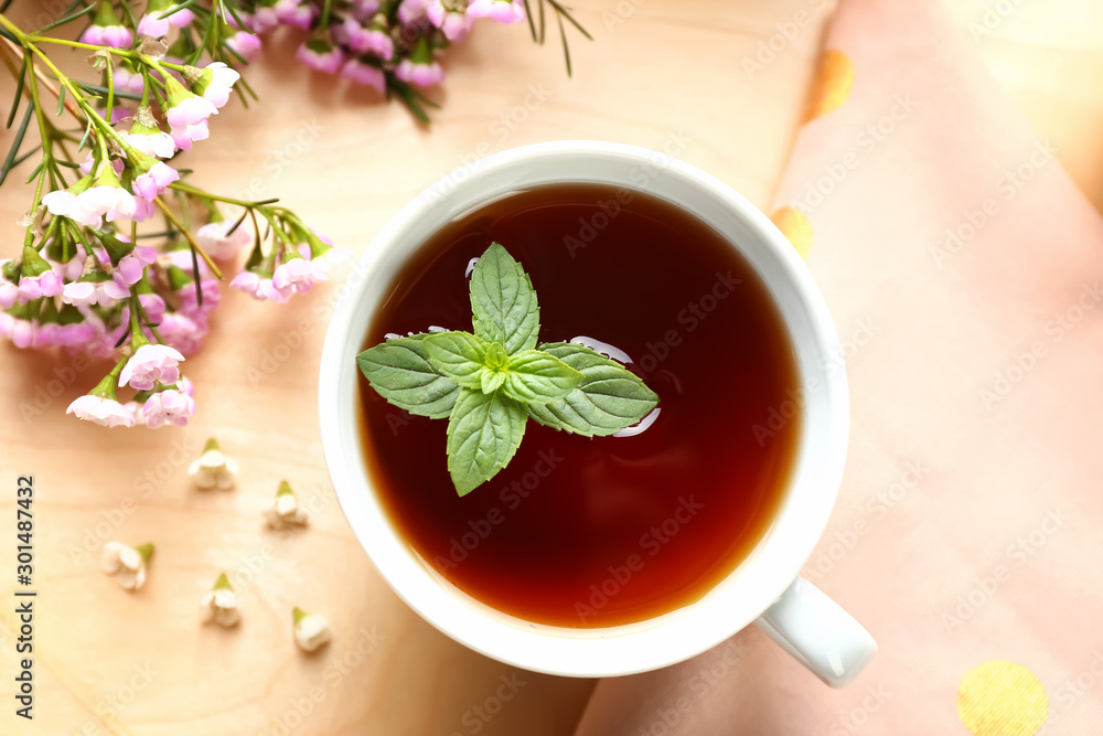 Cup of hot tea on tray, top view Cup of hot tea on tray, top view