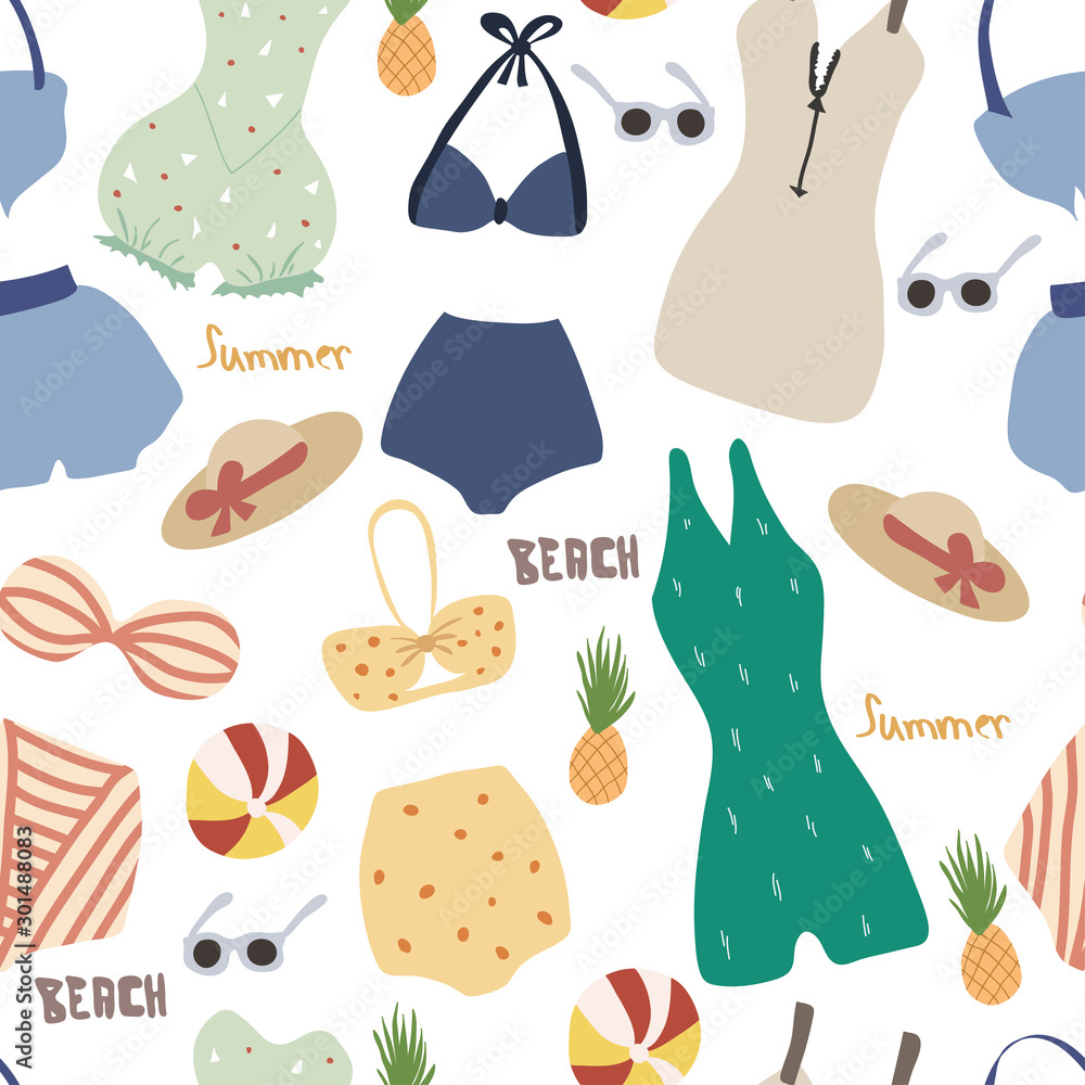 Summer seamless pattern with lingerie and swimsuits. Hand drawn retro collection: swimsuit, bikini, hat, ball, sunglasses, pineapple. Fashion color vector illustration. Swimwear in flat cartoon style