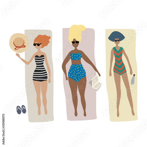 Summertime top view vector illustration. Three young women in bikini sunbathing and relaxing on the beach. Girls sunbath in sunglasses with hat, book, bottle of water. Trendy flat cartoon style