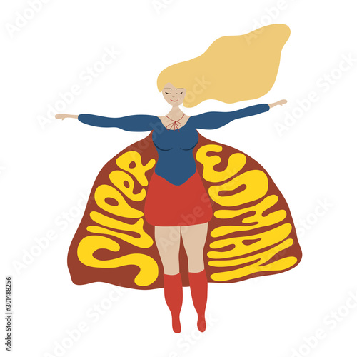 Happy funny woman superhero. Hand drawn vector illustration with quote Super woman. Isolated on white background. Flat cartoon style design. Concept for feminism, womens day card, poster, banner