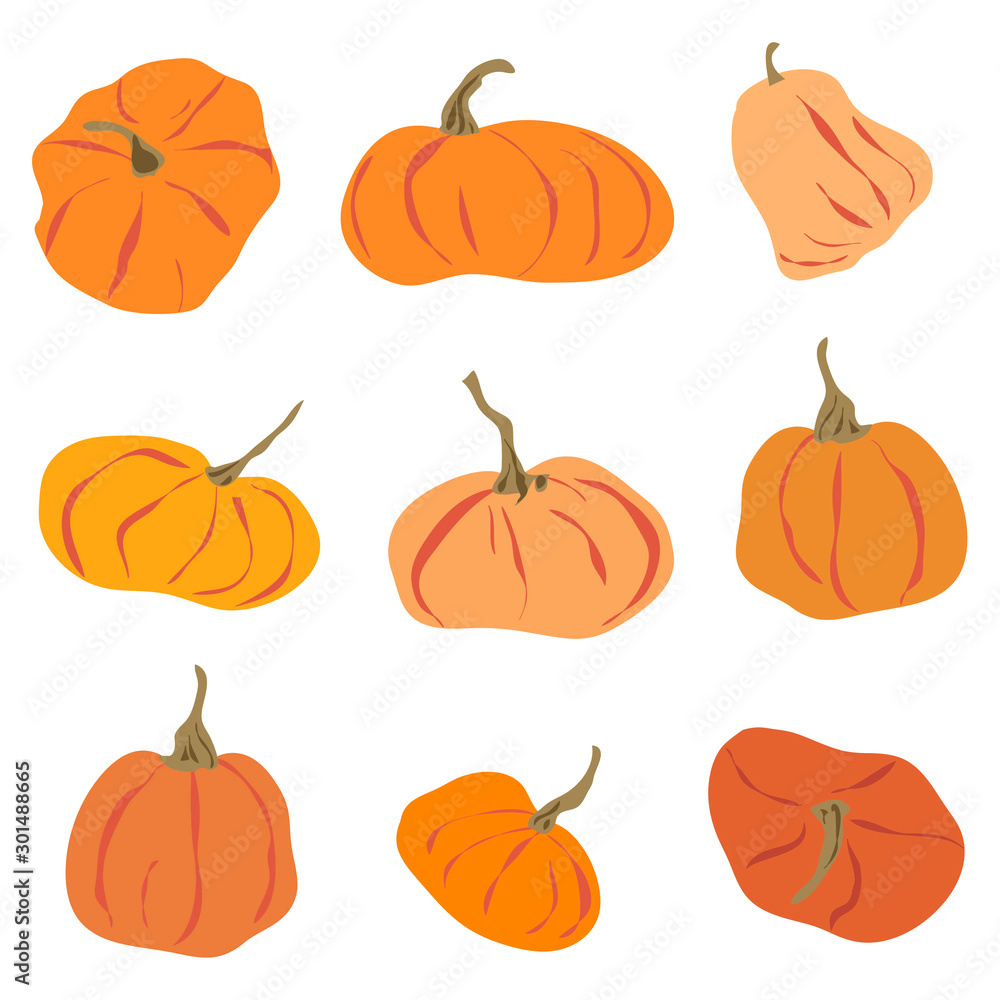Cartoon pumpkin flat icons set. Thanksgiving and Halloween collection. Farm harvest, closeup vegetable. Different shapes and sizes orange gourd. Colorful simple vector illustration isolated on white