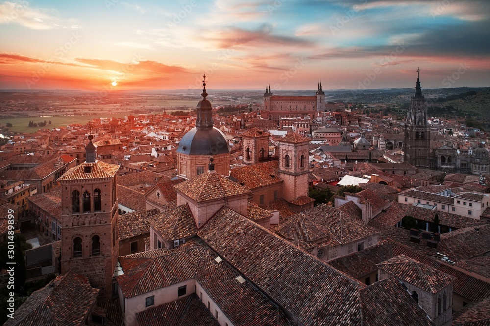 Aerial view of Toledo skyline sunset