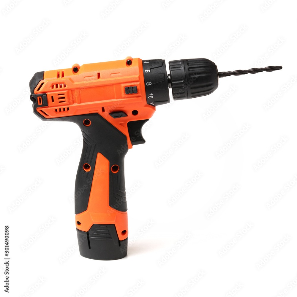 Cordless drill with twist bit on white background Cordless drill with twist bit on white background