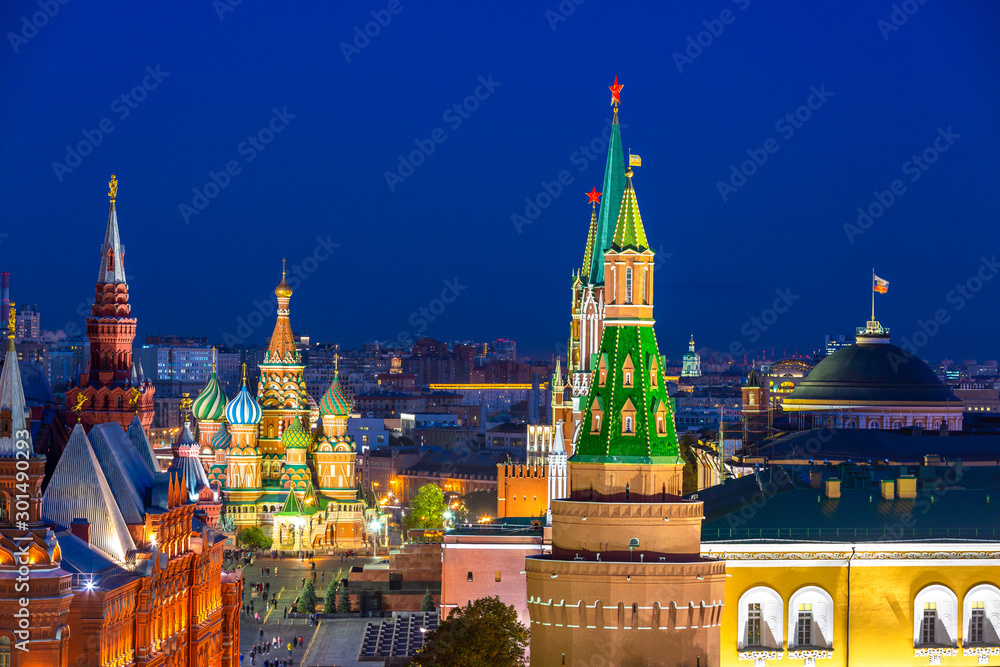 St. Basil's Cathedral on Red Square in Moscow at night, Ancient Moscow  St. Basil's Cathedral is the main tourist attraction of city, Russia.
