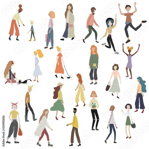 Crowd of people walking with dog, cat standing, dancing, running, shopping. Male and female characters isolated on white. Outdoor activities on city street. Vector illustration in flat cartoon style