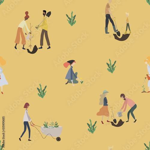 Seamless pattern with people gardening in spring or summer. Women, men with tools: watering can, wheelbarrow, shovel and plants doing garden work on yellow background. Flat cartoon vector illustration