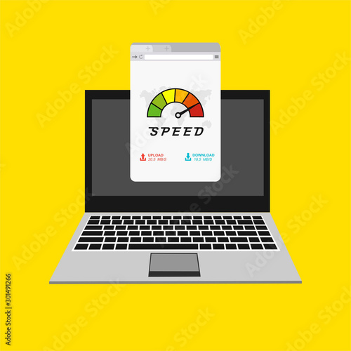 Laptop Test Concept Fast or Slow Load Seo web browser. Vector illustration for web banner, business presentation, advertising material.